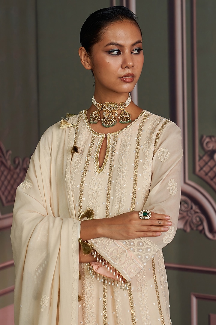 Ivory Georgette Chikankari Embroidered A-Line Kurta Set by Mustard Moon by Neyha and Vrinda at Pernia's Pop Up Shop