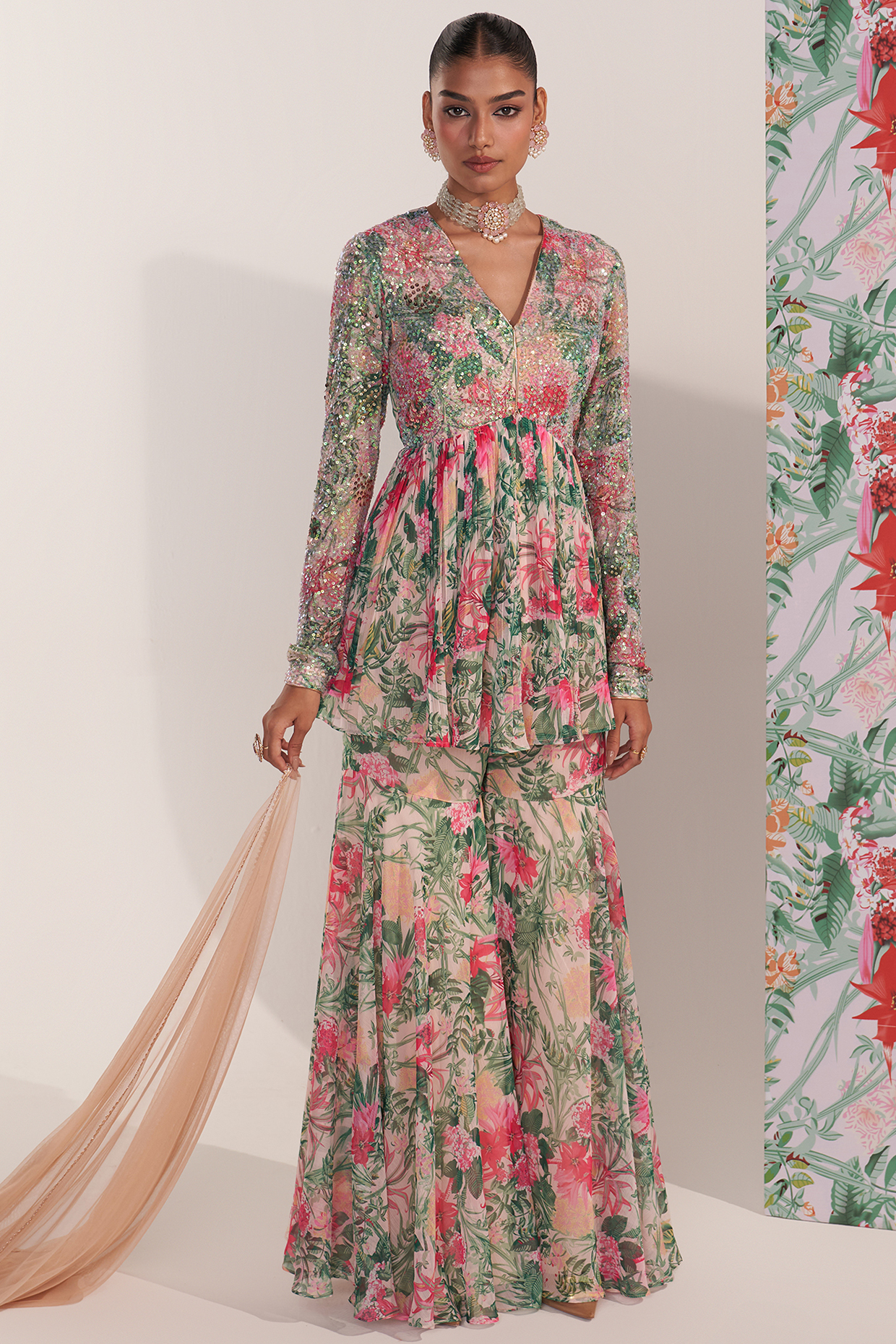 Green Chiffon Printed Party Wear Sharara Set by Mustard Moon by Neyha and Vrinda at Pernia's Pop Up Shop