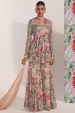 Green Chiffon Printed Sharara Set by Mustard Moon by Neyha and Vrinda