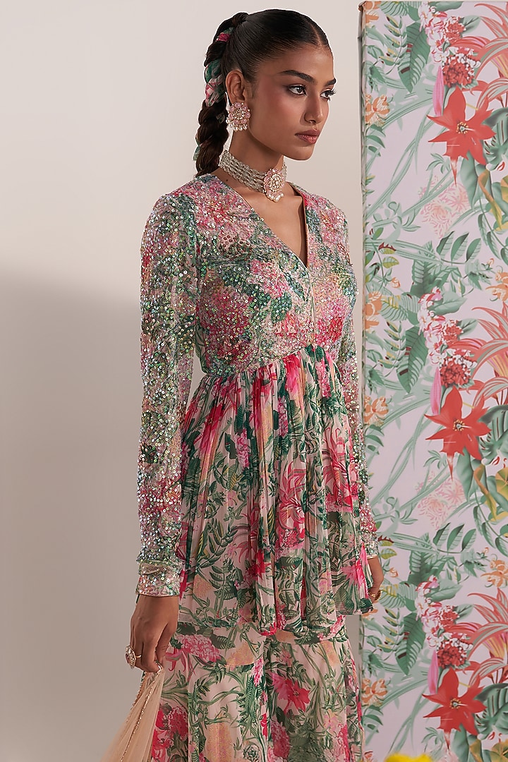 Green Chiffon Printed Party Wear Sharara Set by Mustard Moon by Neyha and Vrinda at Pernia's Pop Up Shop