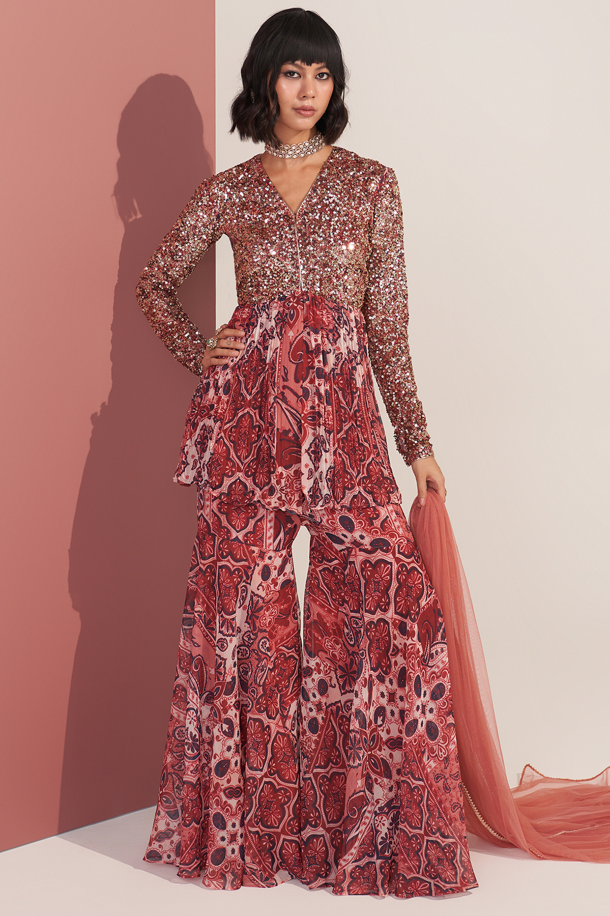 Rust Chiffon Printed Party Wear Sharara Set by Mustard Moon by Neyha and Vrinda at Pernia's Pop Up Shop