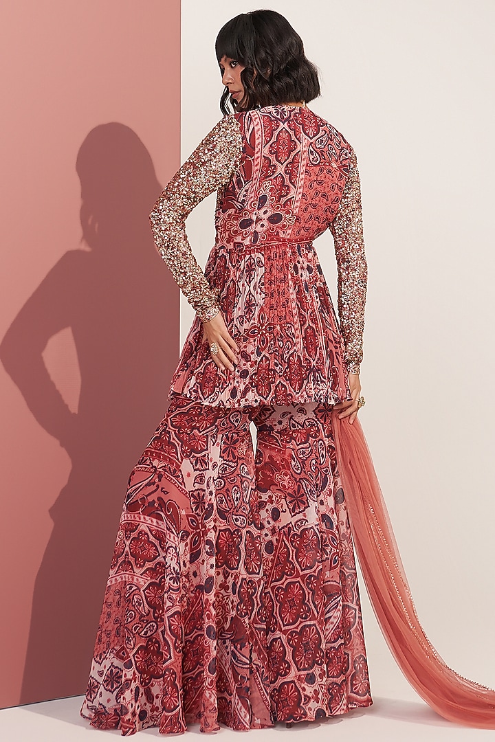 Rust Chiffon Printed Party Wear Sharara Set by Mustard Moon by Neyha and Vrinda at Pernia's Pop Up Shop
