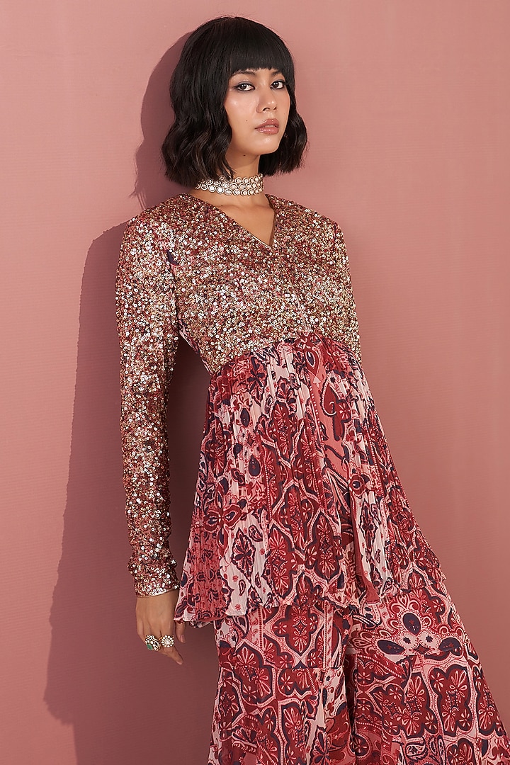 Rust Chiffon Printed Party Wear Sharara Set by Mustard Moon by Neyha and Vrinda at Pernia's Pop Up Shop