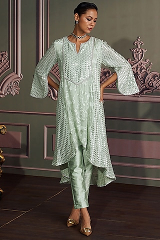 Sage Green Georgette Mirror Embroidered High-Low Kurta Set by Mustard Moon by Neyha and Vrinda