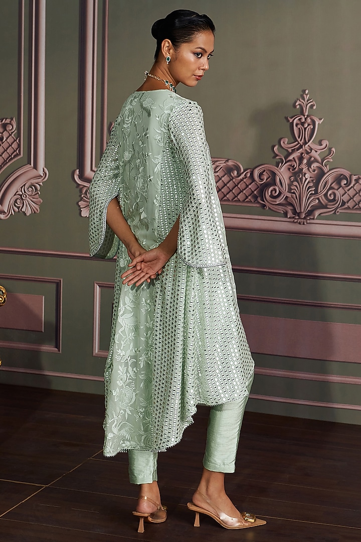 Sage Green Georgette Mirror Embroidered High-Low Kurta Set by Mustard Moon by Neyha and Vrinda at Pernia's Pop Up Shop