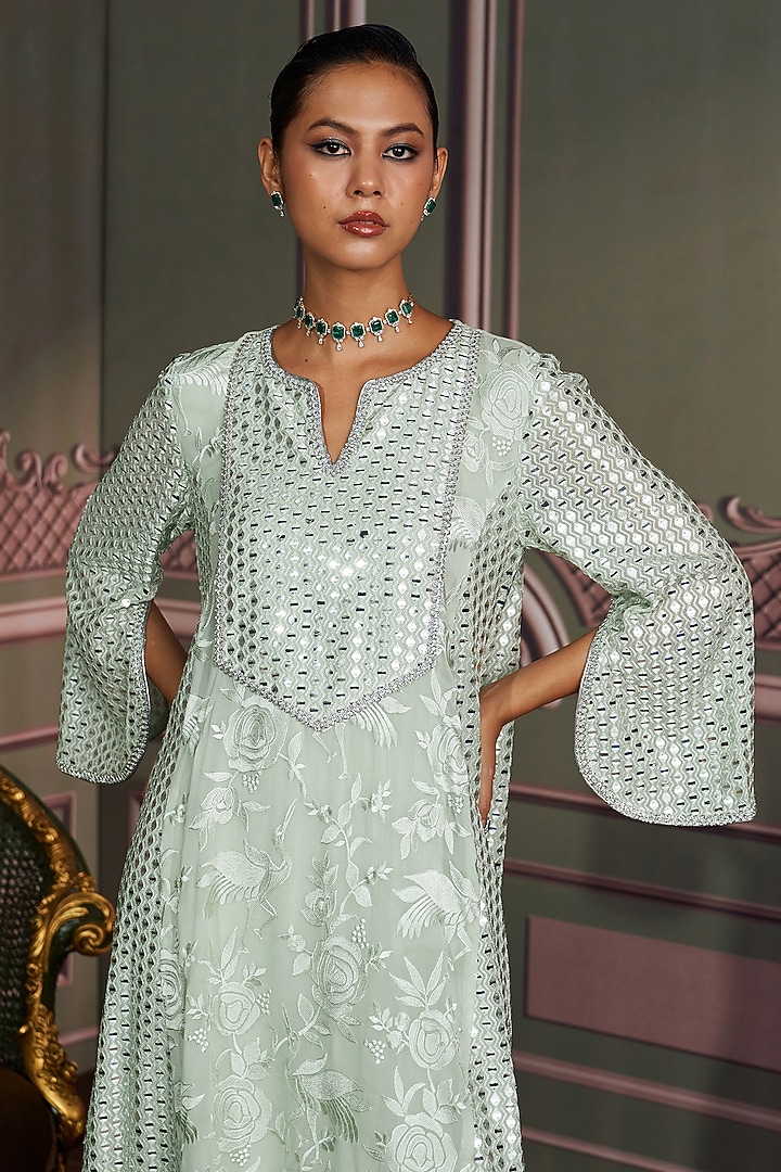 Sage Green Georgette Mirror Embroidered High-Low Kurta Set by Mustard Moon by Neyha and Vrinda at Pernia's Pop Up Shop