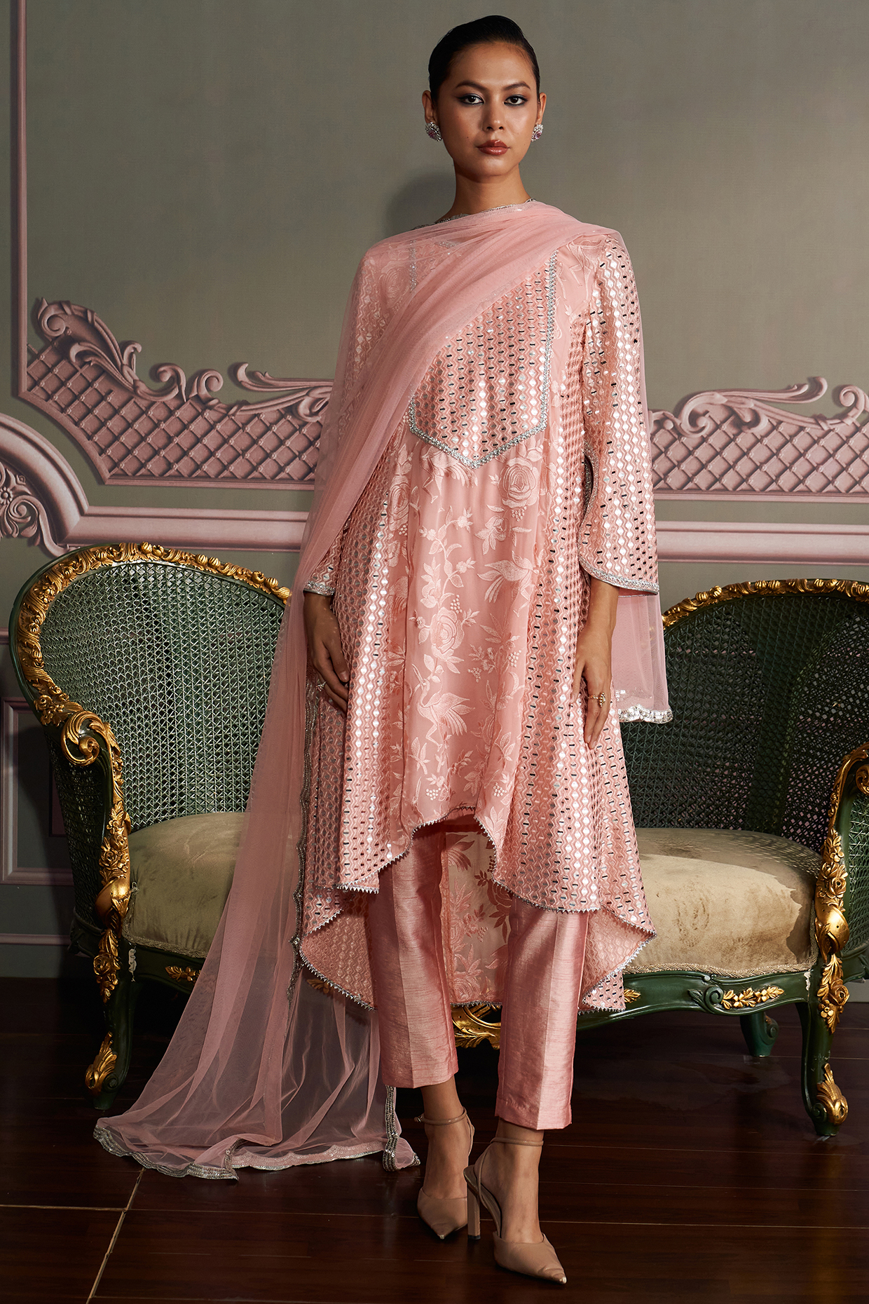 Rose Pink Georgette Mirror Embroidered High-Low Kurta Set by Mustard Moon by Neyha and Vrinda at Pernia's Pop Up Shop