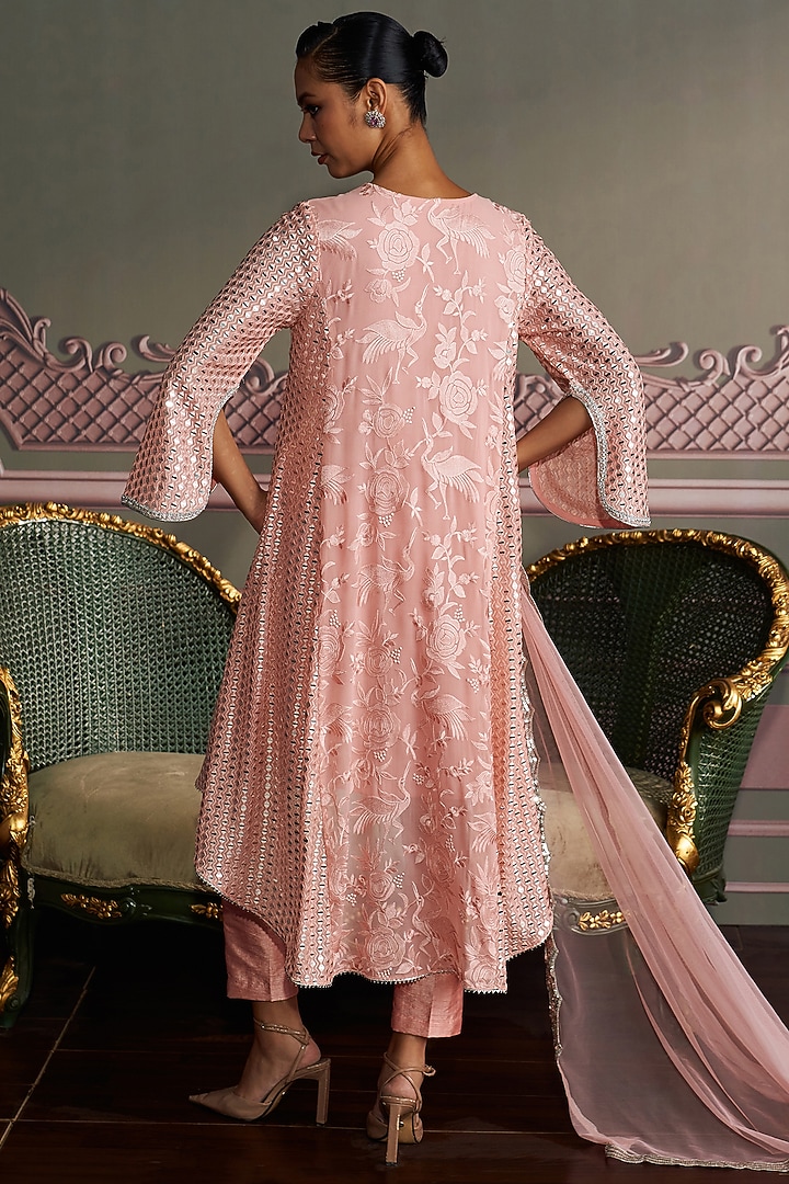 Rose Pink Georgette Mirror Embroidered High-Low Kurta Set by Mustard Moon by Neyha and Vrinda at Pernia's Pop Up Shop