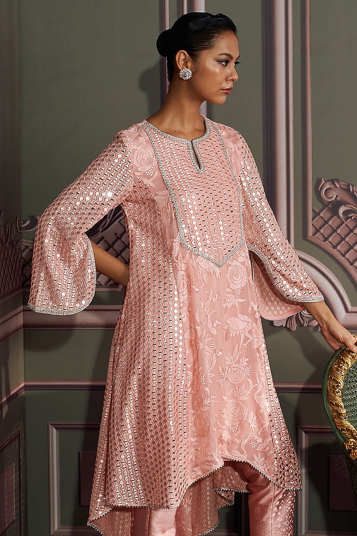 Rose Pink Georgette Mirror Embroidered High-Low Kurta Set by Mustard Moon by Neyha and Vrinda at Pernia's Pop Up Shop