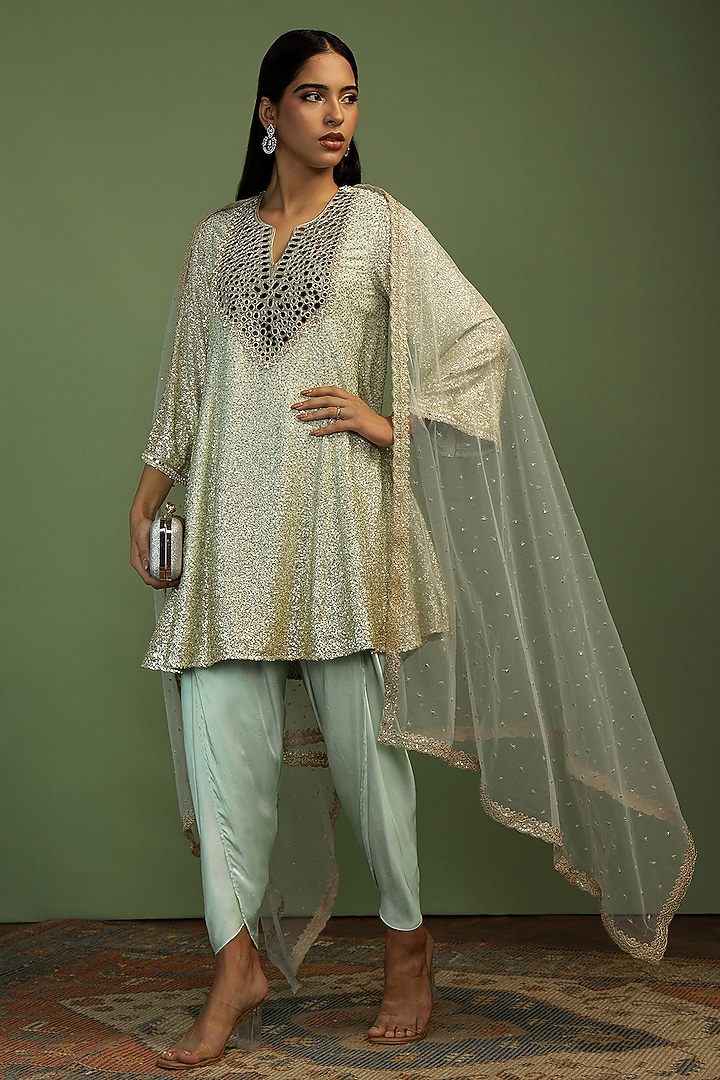 Mint Georgette Mirror & Sequin Embroidered Kurta Set by Mustard Moon by Neyha and Vrinda at Pernia's Pop Up Shop
