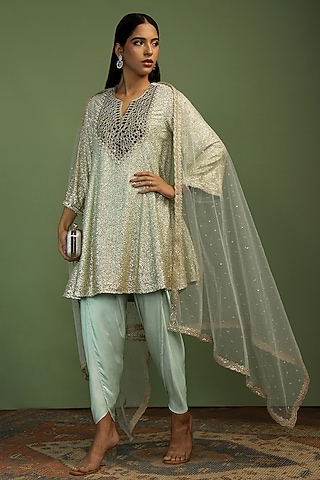 Mint Georgette Mirror & Sequin Embroidered Kurta Set by Mustard Moon by Neyha and Vrinda