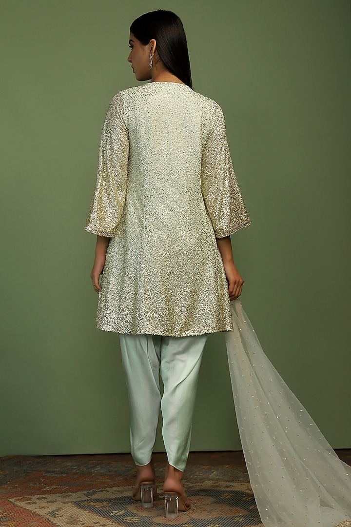 Mint Georgette Mirror & Sequin Embroidered Kurta Set by Mustard Moon by Neyha and Vrinda at Pernia's Pop Up Shop