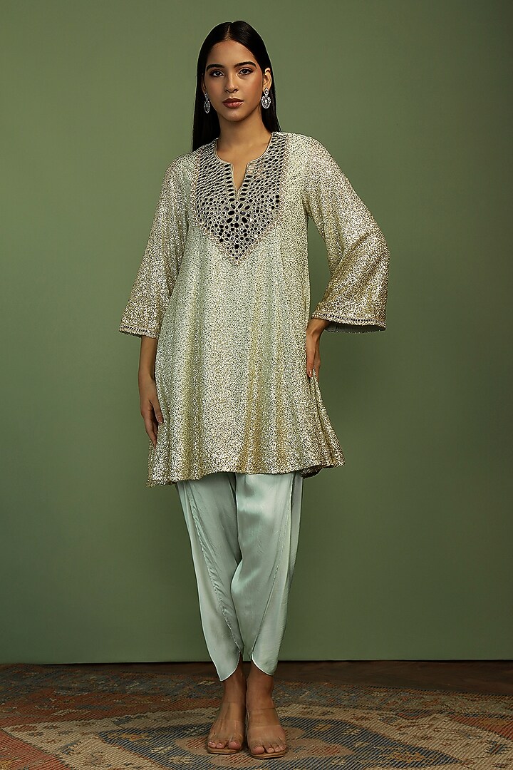 Mint Georgette Mirror & Sequin Embroidered Kurta Set by Mustard Moon by Neyha and Vrinda at Pernia's Pop Up Shop