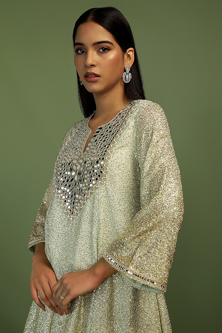 Mint Georgette Mirror & Sequin Embroidered Kurta Set by Mustard Moon by Neyha and Vrinda at Pernia's Pop Up Shop