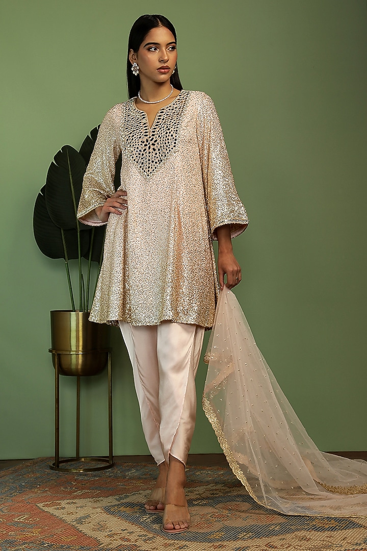 Pale Pink Georgette Mirror & Sequin Embroidered Kurta Set by Mustard Moon by Neyha and Vrinda at Pernia's Pop Up Shop