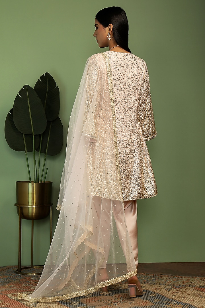 Pale Pink Georgette Mirror & Sequin Embroidered Kurta Set by Mustard Moon by Neyha and Vrinda at Pernia's Pop Up Shop
