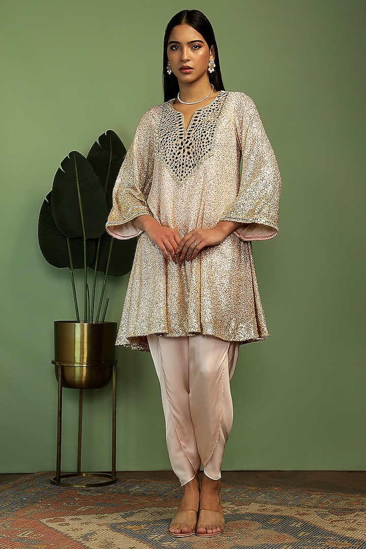 Pale Pink Georgette Mirror & Sequin Embroidered Kurta Set by Mustard Moon by Neyha and Vrinda at Pernia's Pop Up Shop