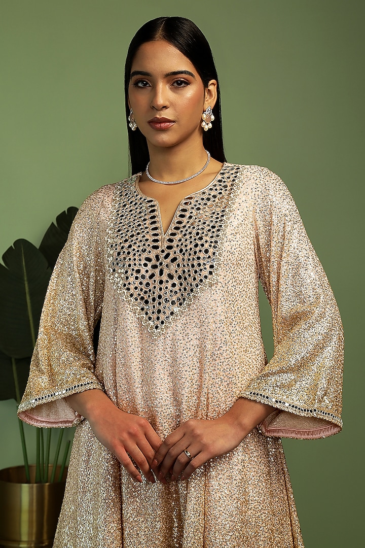Pale Pink Georgette Mirror & Sequin Embroidered Kurta Set by Mustard Moon by Neyha and Vrinda at Pernia's Pop Up Shop