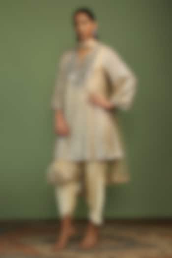 Nude Georgette Mirror & Sequin Embroidered Kurta Set by Mustard Moon by Neyha and Vrinda at Pernia's Pop Up Shop