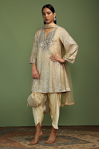 Nude Georgette Mirror & Sequin Embroidered Kurta Set by Mustard Moon by Neyha and Vrinda