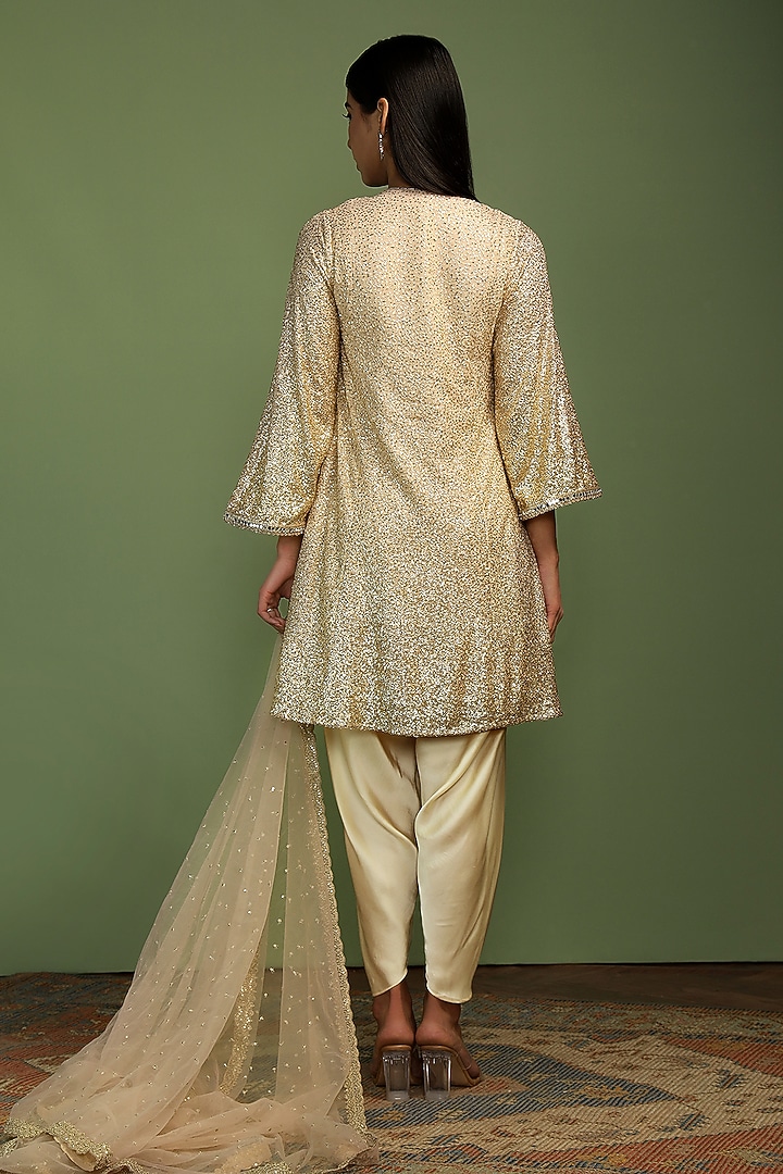 Nude Georgette Mirror & Sequin Embroidered Kurta Set by Mustard Moon by Neyha and Vrinda at Pernia's Pop Up Shop