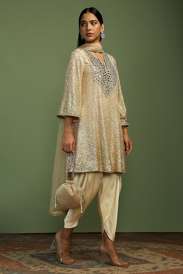 Nude Georgette Mirror & Sequin Embroidered Kurta Set by Mustard Moon by Neyha and Vrinda at Pernia's Pop Up Shop