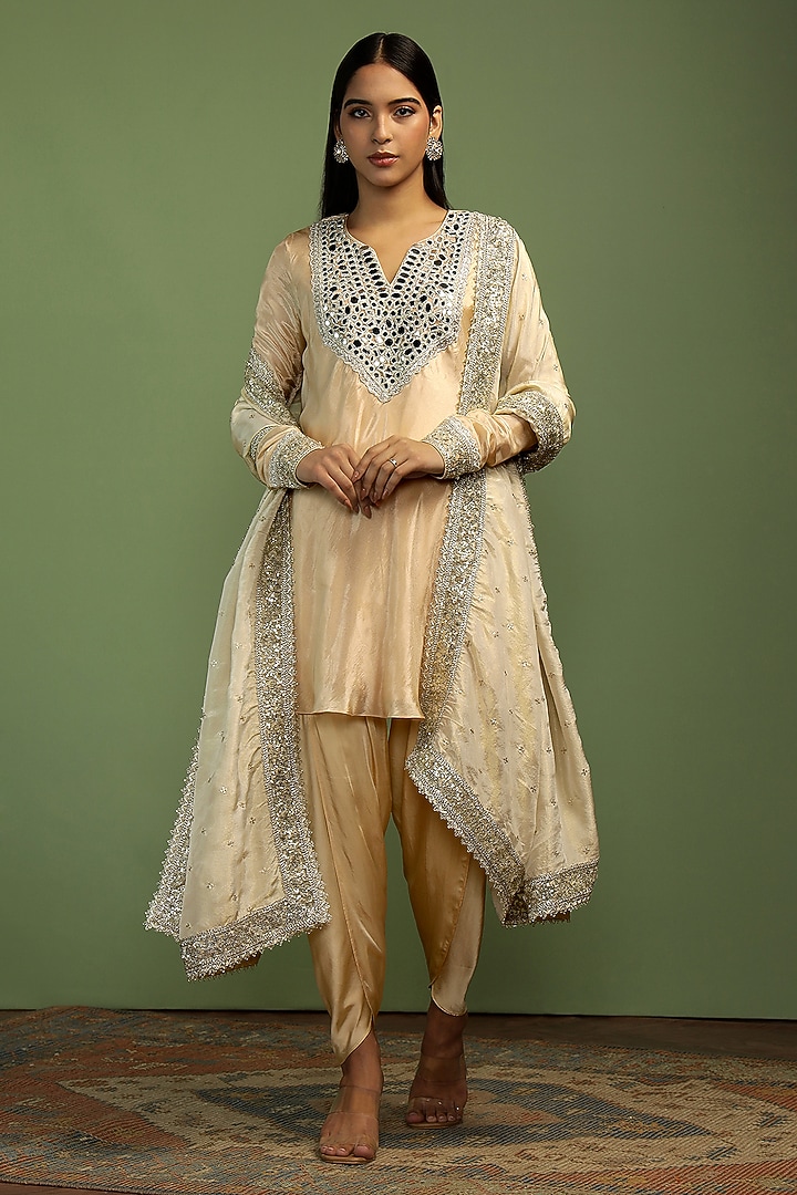 Sand-Colored Tissue Mirror Embroidered Kurta Set by Mustard Moon by Neyha and Vrinda at Pernia's Pop Up Shop