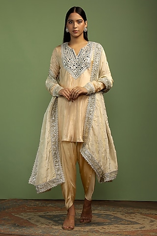Sand-Colored Tissue Mirror Embroidered Kurta Set by Mustard Moon by Neyha and Vrinda