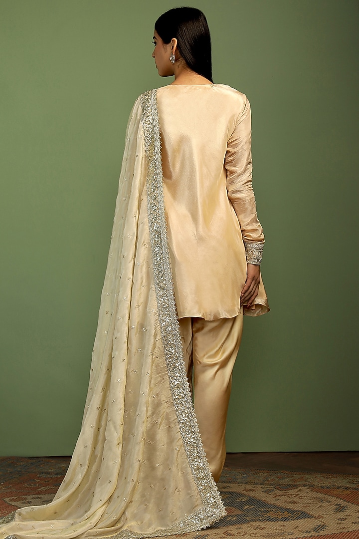 Sand-Colored Tissue Mirror Embroidered Kurta Set by Mustard Moon by Neyha and Vrinda at Pernia's Pop Up Shop