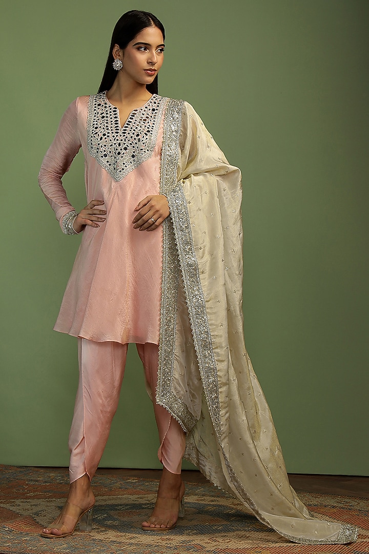 Pale Pink Tissue Mirror Embroidered Kurta Set by Mustard Moon by Neyha and Vrinda at Pernia's Pop Up Shop