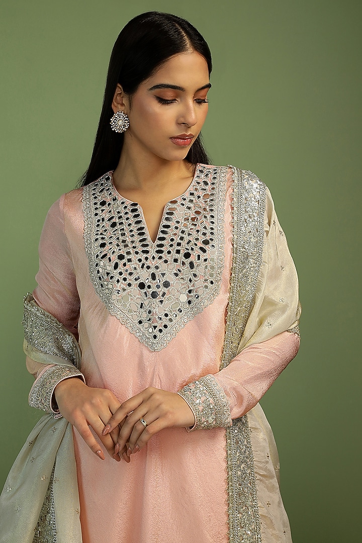 Pale Pink Tissue Mirror Embroidered Kurta Set by Mustard Moon by Neyha and Vrinda at Pernia's Pop Up Shop