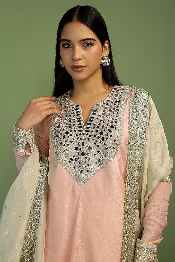 Pale Pink Tissue Mirror Embroidered Kurta Set by Mustard Moon by Neyha and Vrinda at Pernia's Pop Up Shop