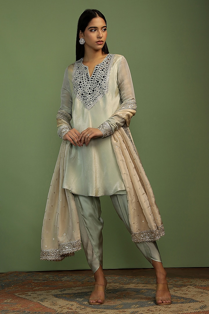 Mint Tissue Mirror Embroidered Kurta Set by Mustard Moon by Neyha and Vrinda at Pernia's Pop Up Shop