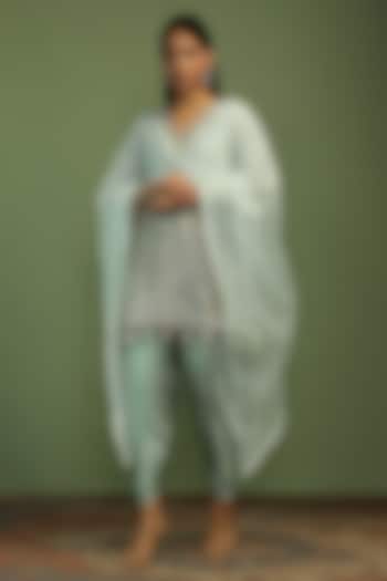 Mint Net Sequin Embroidered A-Line Kurta Set by Mustard Moon by Neyha and Vrinda at Pernia's Pop Up Shop