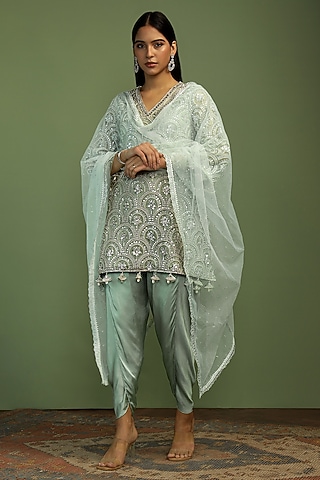 Mint Net Sequin Embroidered A-Line Kurta Set by Mustard Moon by Neyha and Vrinda