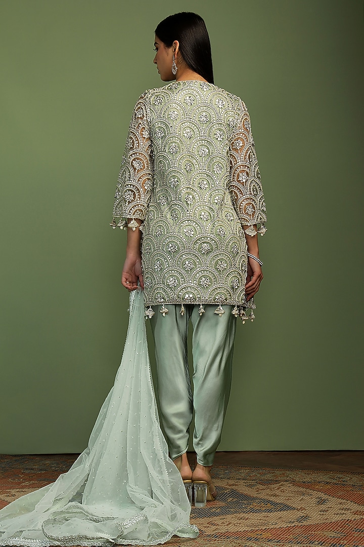 Mint Net Sequin Embroidered A-Line Kurta Set by Mustard Moon by Neyha and Vrinda at Pernia's Pop Up Shop