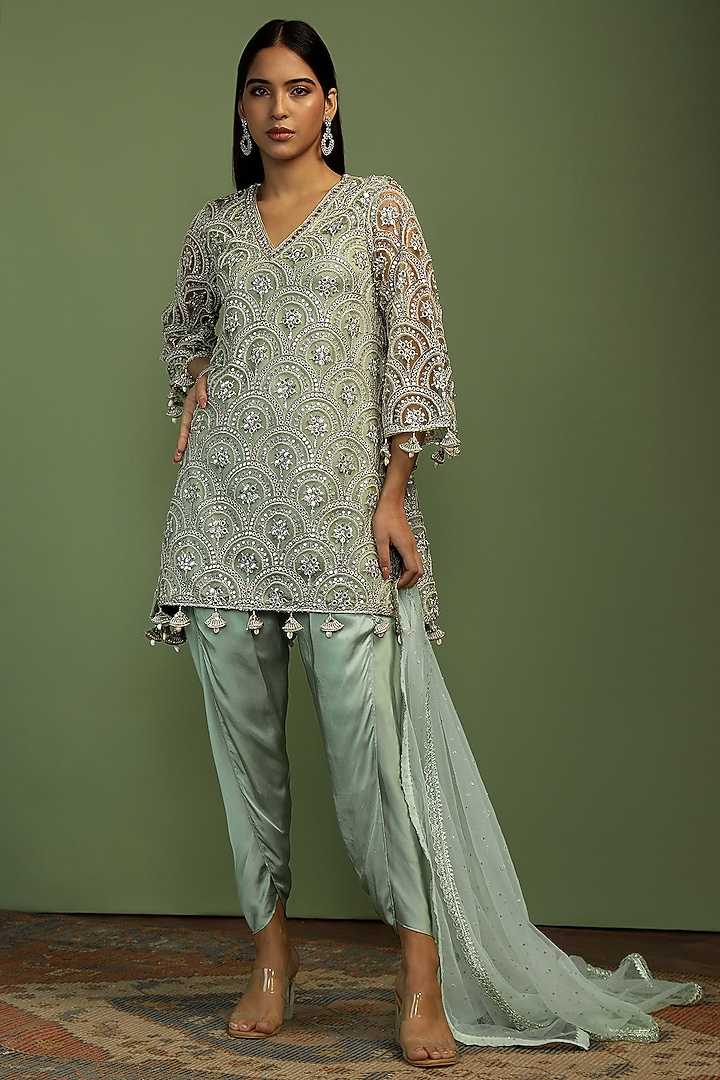 Mint Net Sequin Embroidered A-Line Kurta Set by Mustard Moon by Neyha and Vrinda at Pernia's Pop Up Shop