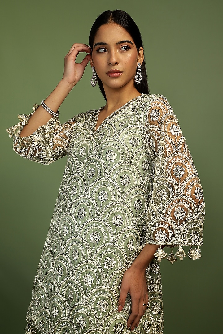 Mint Net Sequin Embroidered A-Line Kurta Set by Mustard Moon by Neyha and Vrinda at Pernia's Pop Up Shop