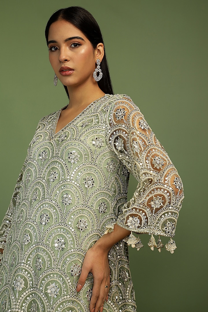 Mint Net Sequin Embroidered A-Line Kurta Set by Mustard Moon by Neyha and Vrinda at Pernia's Pop Up Shop