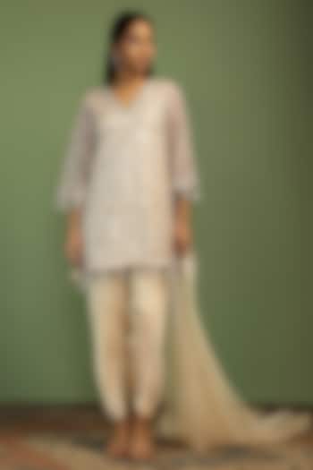 Sand-Colored Net Sequin Embroidered A-Line Kurta Set by Mustard Moon by Neyha and Vrinda at Pernia's Pop Up Shop