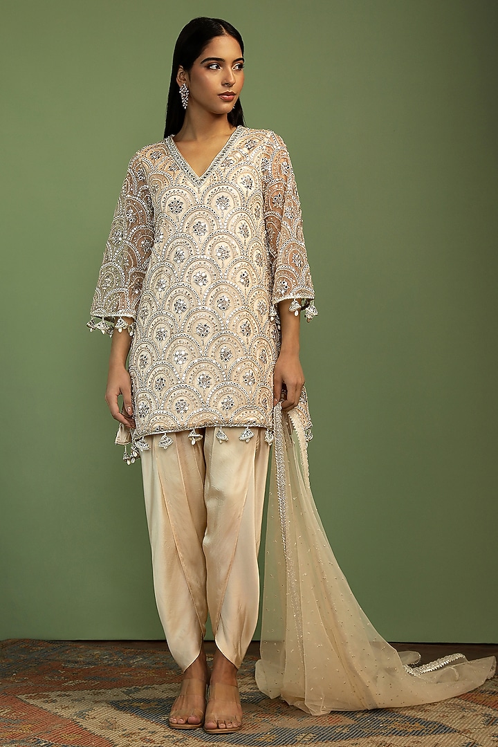 Sand-Colored Net Sequin Embroidered A-Line Kurta Set by Mustard Moon by Neyha and Vrinda at Pernia's Pop Up Shop