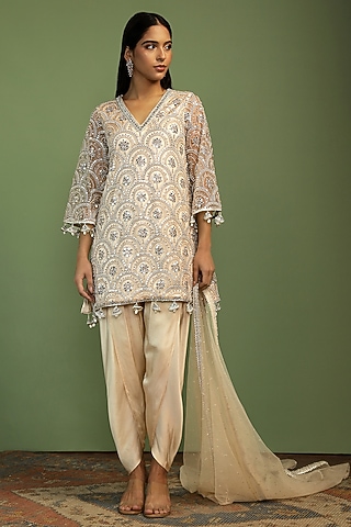 Sand-Colored Net Sequin Embroidered A-Line Kurta Set by Mustard Moon by Neyha and Vrinda