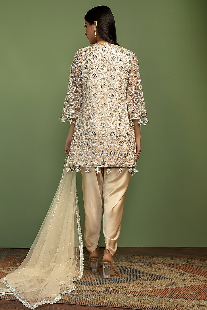 Sand-Colored Net Sequin Embroidered A-Line Kurta Set by Mustard Moon by Neyha and Vrinda at Pernia's Pop Up Shop