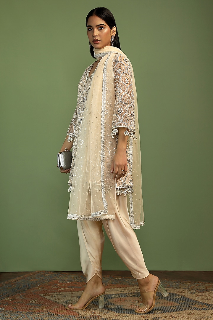 Sand-Colored Net Sequin Embroidered A-Line Kurta Set by Mustard Moon by Neyha and Vrinda at Pernia's Pop Up Shop
