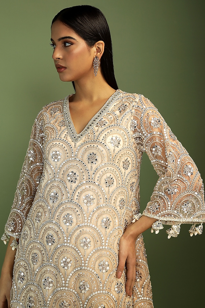 Sand-Colored Net Sequin Embroidered A-Line Kurta Set by Mustard Moon by Neyha and Vrinda at Pernia's Pop Up Shop