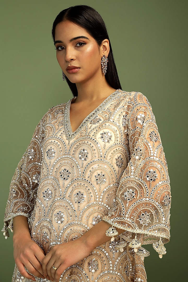 Sand-Colored Net Sequin Embroidered A-Line Kurta Set by Mustard Moon by Neyha and Vrinda at Pernia's Pop Up Shop