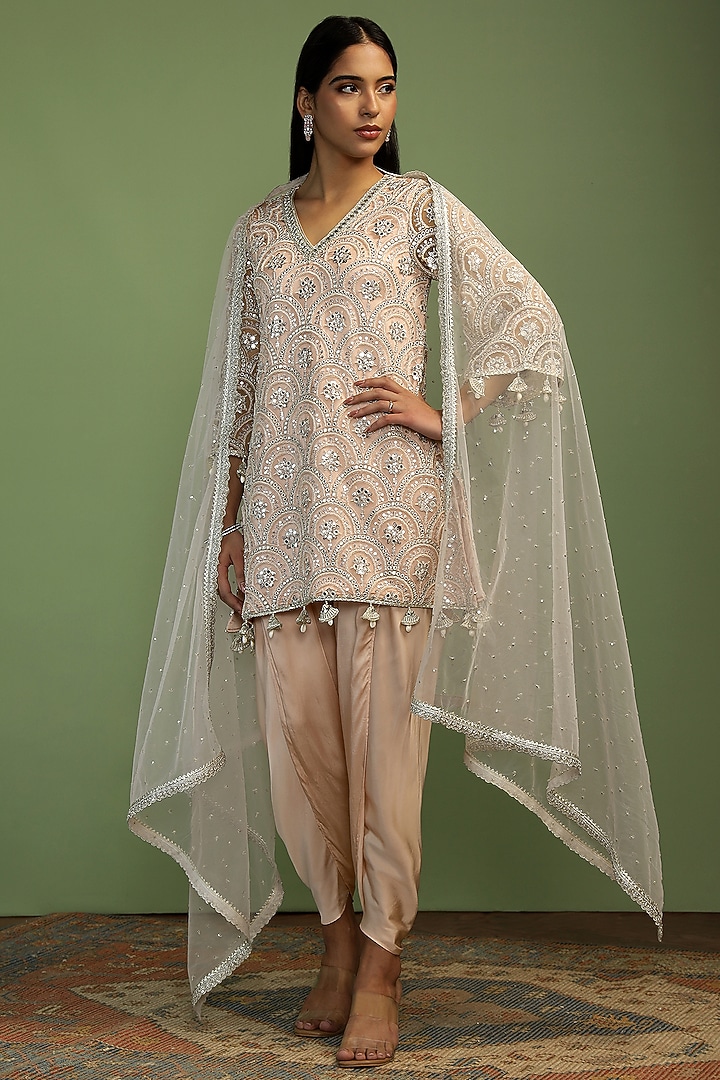 Pale Pink Net Sequin Embroidered A-Line Kurta Set by Mustard Moon by Neyha and Vrinda at Pernia's Pop Up Shop
