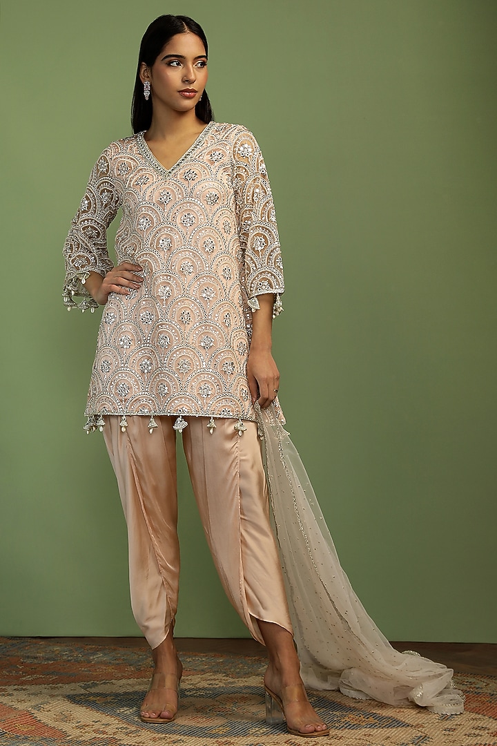 Pale Pink Net Sequin Embroidered A-Line Kurta Set by Mustard Moon by Neyha and Vrinda at Pernia's Pop Up Shop