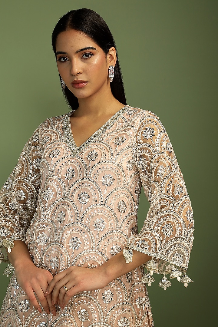 Pale Pink Net Sequin Embroidered A-Line Kurta Set by Mustard Moon by Neyha and Vrinda at Pernia's Pop Up Shop