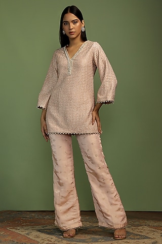 Pink & Gold Tissue Gota Embroidered Kurta Set by Mustard Moon by Neyha and Vrinda